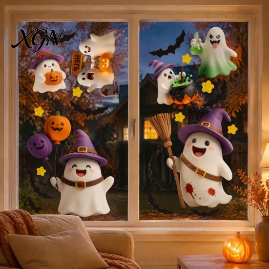 Transparent Window Murals 2Pcs Cute Ghost Halloween Static Stickers, PVC Waterproof Cartoon Pumpkin Bat And Decals Star Glass Decals, Reusable Clings