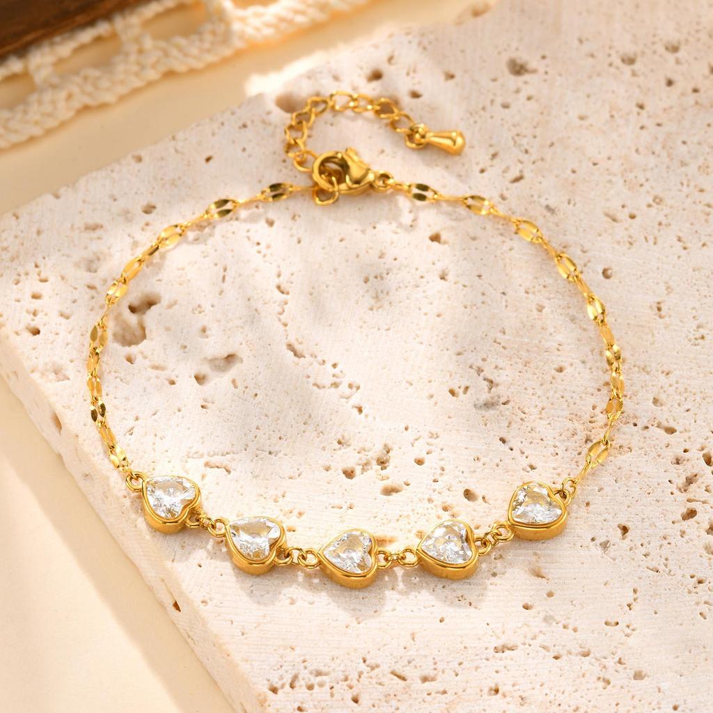 Fashion 18K Gold Stainless Steel Lip Chain 5 Zircon Heart Bracelet Ladies 2565