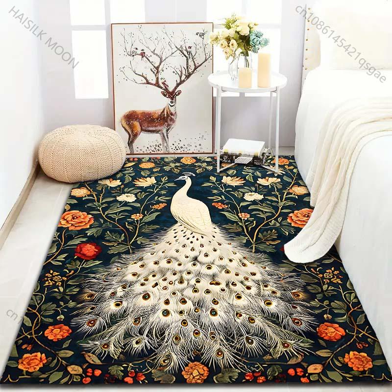 White Peacock and Flowers Printed Carpet for Bedroom Living Room Bedside Sofa Floor Mat Modern Home Decor Area Rug for Gifts