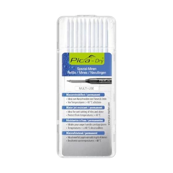 Pica-Marker Refill Leads for "Dry" Construction Pencils - White (10 pcs) - Ideal for Marking on Dark Surfaces - Refill for 3030 - Easy-Open Case,