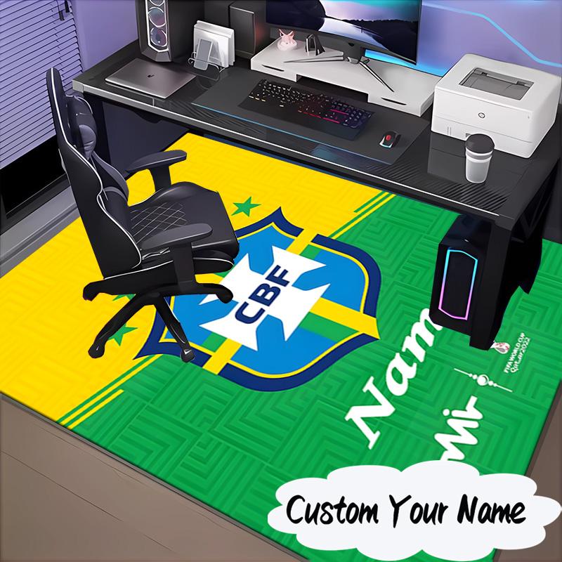 Custom Name Brasilian Pride Emblem Rug for Living Room, Game Rooms, Office, Bedroom, Floor Mat Playful Design, fan gifts Christmas decor