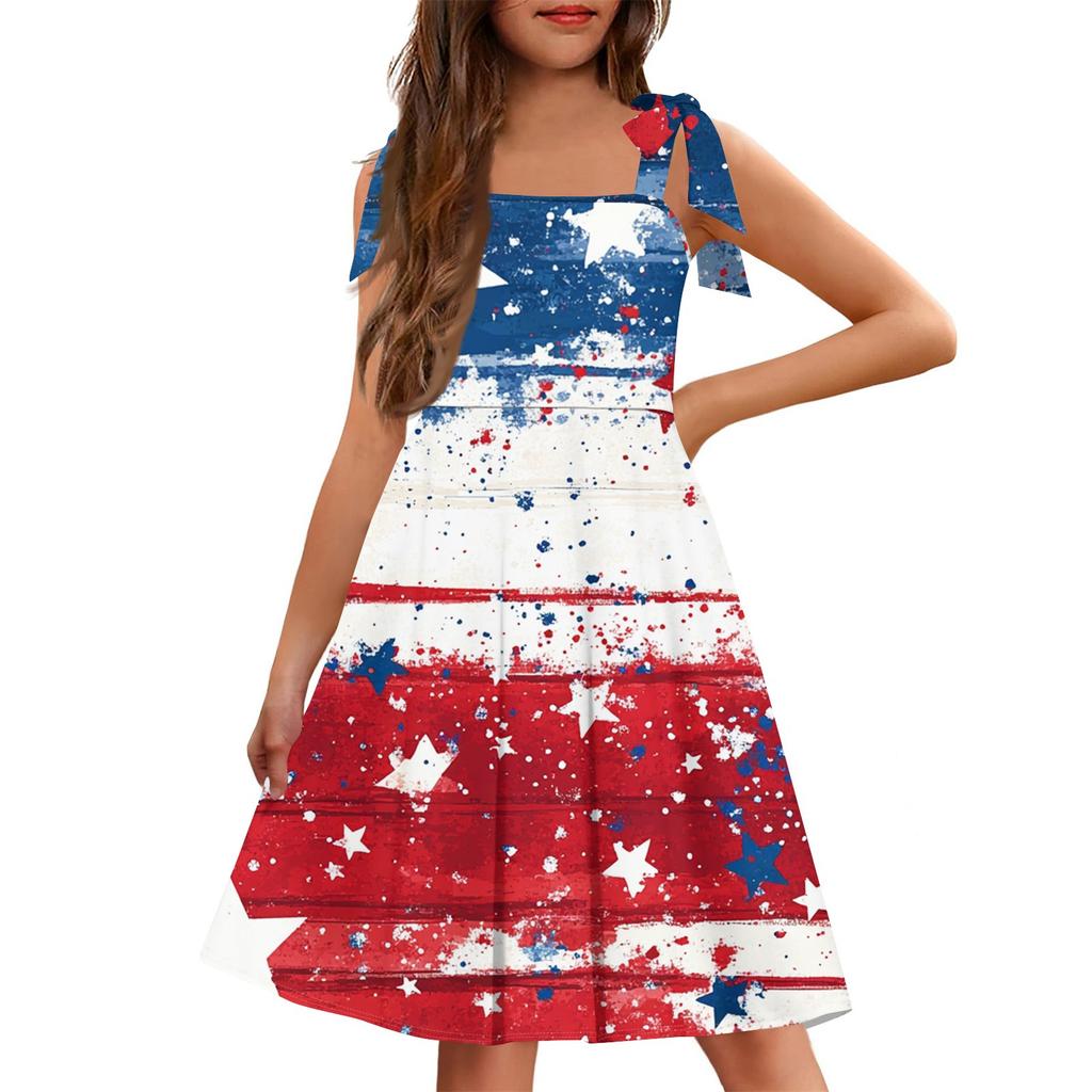 Kinder Jumpsuit Ärmellos Tasche Eckiger Ausschnitt Lässig Unabhängigkeitstag Print Kleid