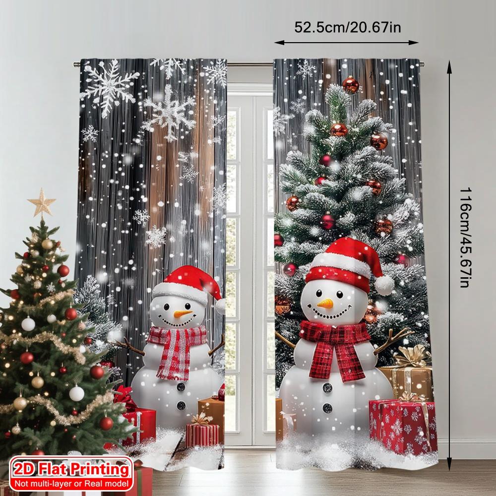 2D Flat Printing 2Pcs Snowman And Christmas Tree Design Rod Pocket Curtains Digital Print Polyester Drapes For Living Room