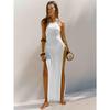 Rochie de plajă tricotată de vară fără spate, cu șliț înalt pe ambele părți, cu bretele, rochii lungi sexy pentru femei, rochie elegantă de modă cu bandaj pentru femei 116