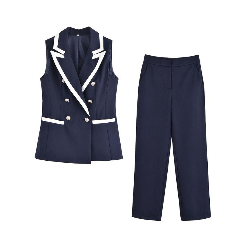 Kaslead New Women Clothes Western Style Contrast Color Trim Vest Straight Pants Set 8144656