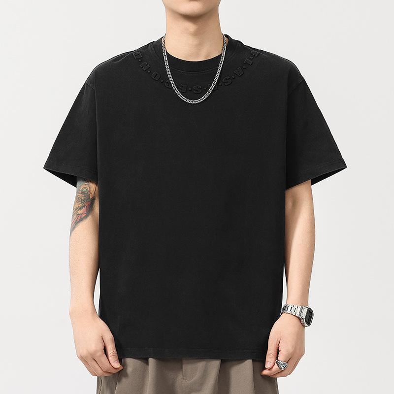 

Collar with Simple Small Letters Three-dimensional Steel Stamp Summer Men s Round Neck T-shirt Short Sleeves 4XL