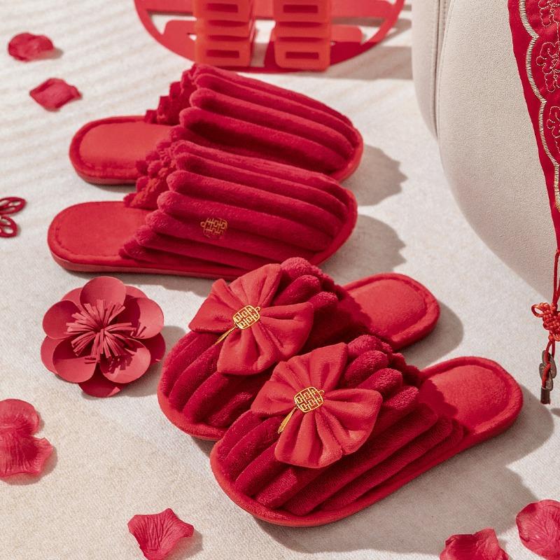 Wedding Slippers Women Autumn and Winter Red Festive Couple a Pair of Morning Robes Newlywed Dowry Plush Cotton Slippers Winter