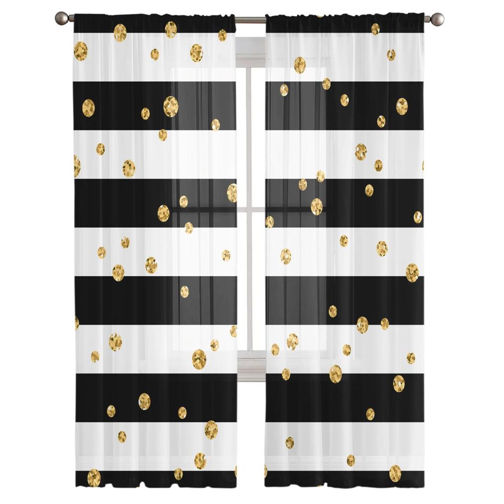 Black White Stripes Golden Dots Tulle Sheer Curtains for Living Room Kitchen Bedroom Voile Hanging Window Drapes