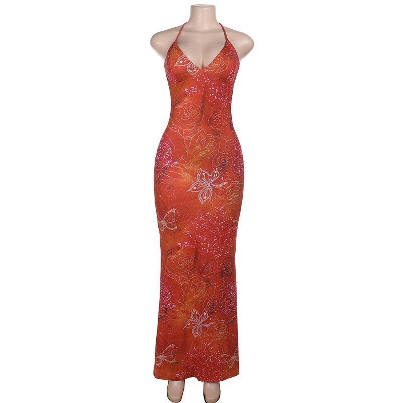 

Transitional Sexy European and American New Fashion Print Vacation Lace-up Long dress Sexy Backless Open Chest Sling Dress Orange color M