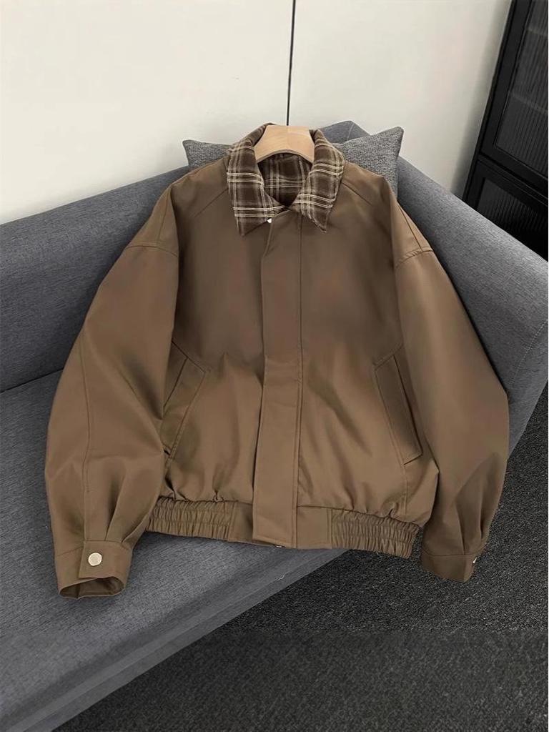 Men's Retro Plaid Patchwork Flight Jacket - Brown Casual Baseball Style