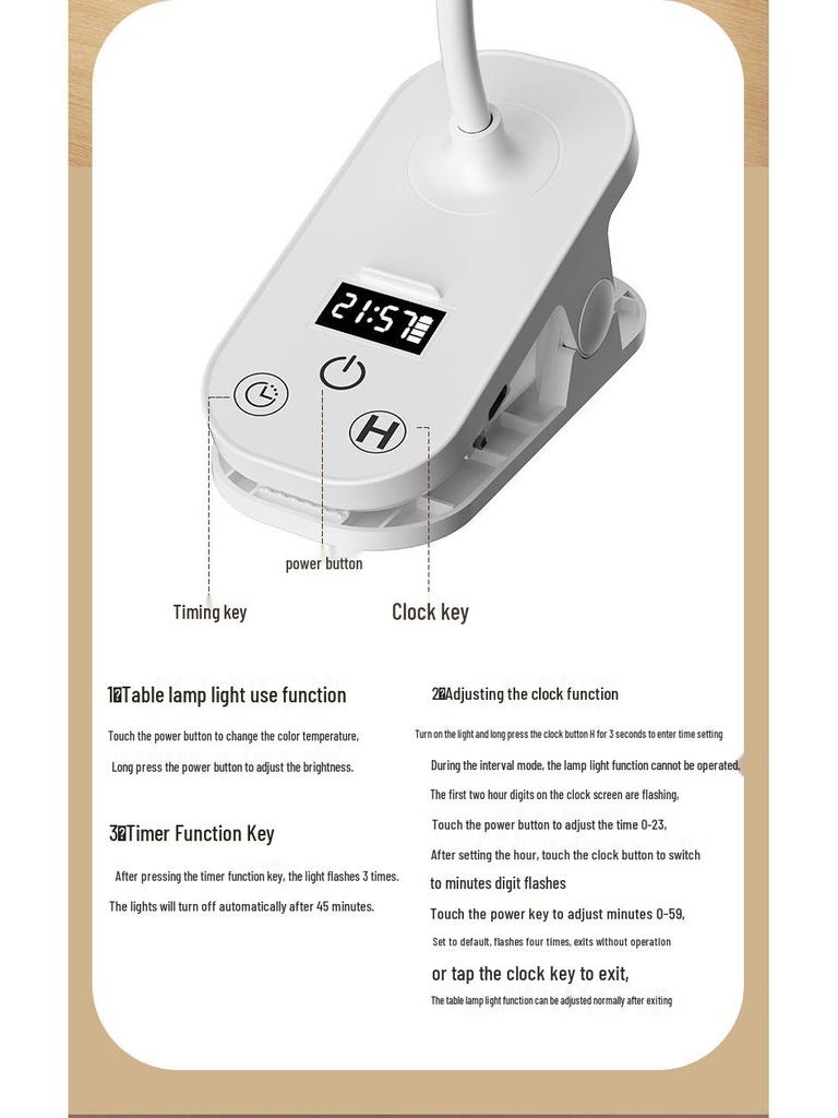 Eye-Friendly LED Clip-On Desk Lamp with Clock – Perfect for Study, Dorm, and Bedside Reading