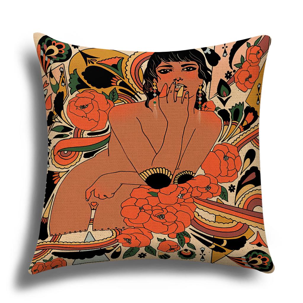 Classic Retro Girl Skull Illustration Cushion Cover Pillow Cover Sofa Cushion Cover Living Room Bedroom Soft Home Decoration