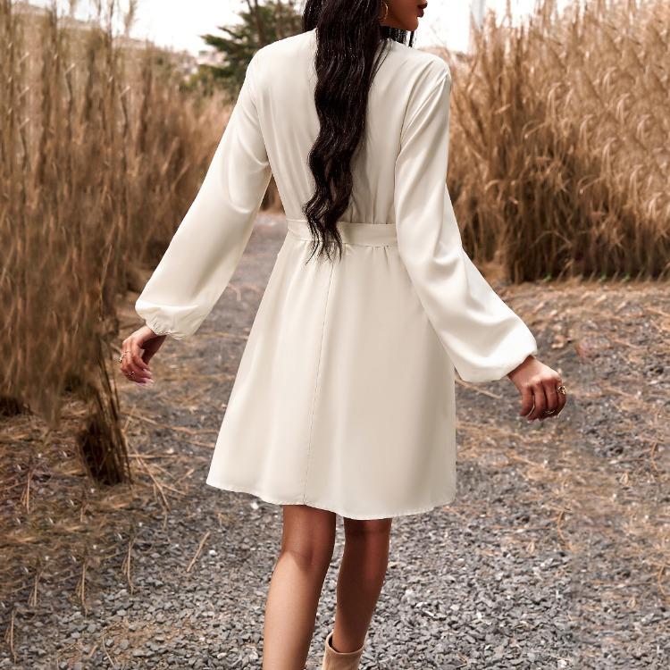 Elegant Women High Waist V Neck Lace Dress Long Sleeve Solid Fashion Mid Length Spring Autumn Dress