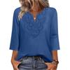 Damen Oberteile Dreiviertelarm V-Ausschnitt T-Shirts mit Hohlstickerei Muster Lockerer Schnitt Freizeitbluse Tägliche Kleidung