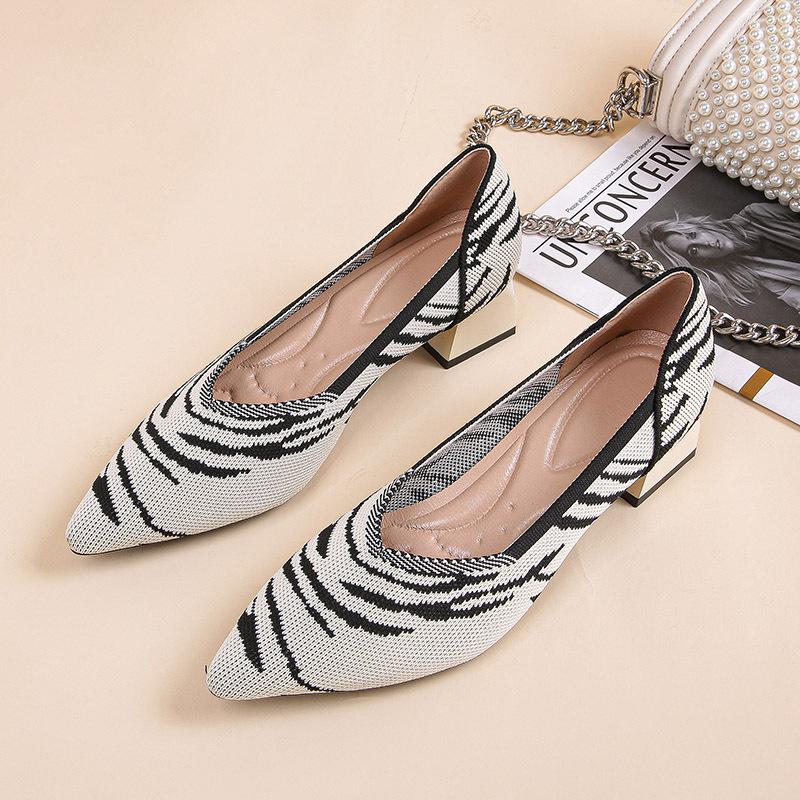 Spring and Autumn New Weaving Fly Knitting Breathable Sleeve Pointed Women's Thick High Heel Single Shoes