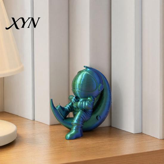 Office Desk Astronaut Figurine 3D Printed Moon Figurine, Sitting on Crescent Spaceman Ornament Statue, Desktop Decoration for Home Bookshelf Mini
