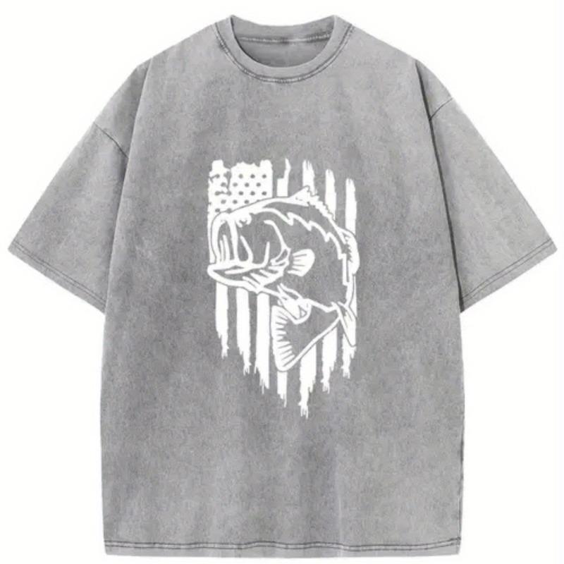 

Men S Retro Water Washed T-shirt | Comfortable Short Sleeve, All-Season Casual Apparel with Retro Fish Design, Suitable for Easter, Halloween 5XL