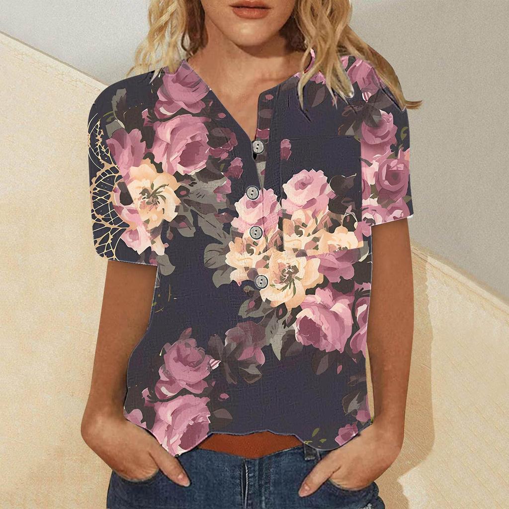 Women's Summer Casual Fashion Cotton Linen Printed Women's Short Sleeve Shirt Tops