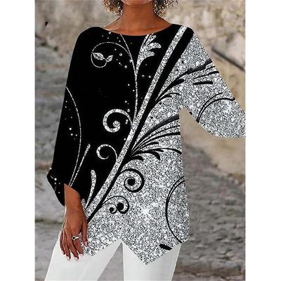 Mode Geometrischer Druck Rundhals Damen Shirt Frühling Sommer Locker Übergröße Büro Lange Bluse Streetwear Lässig Unregelmäßige Oberteile Elegante Kleidung