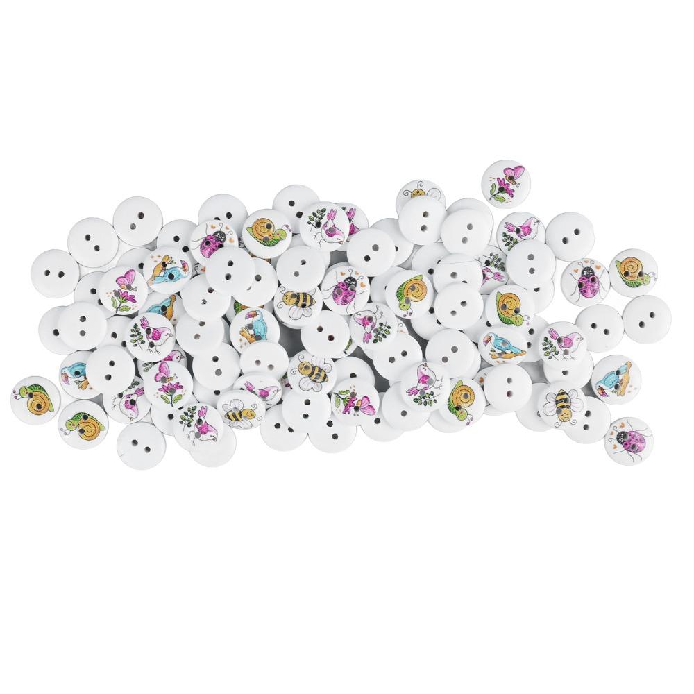 100pcs 2 Holes Decorative Buttons Mixed Printed Round Buttons Vintage Wooden Buttons  For DIY Crafts