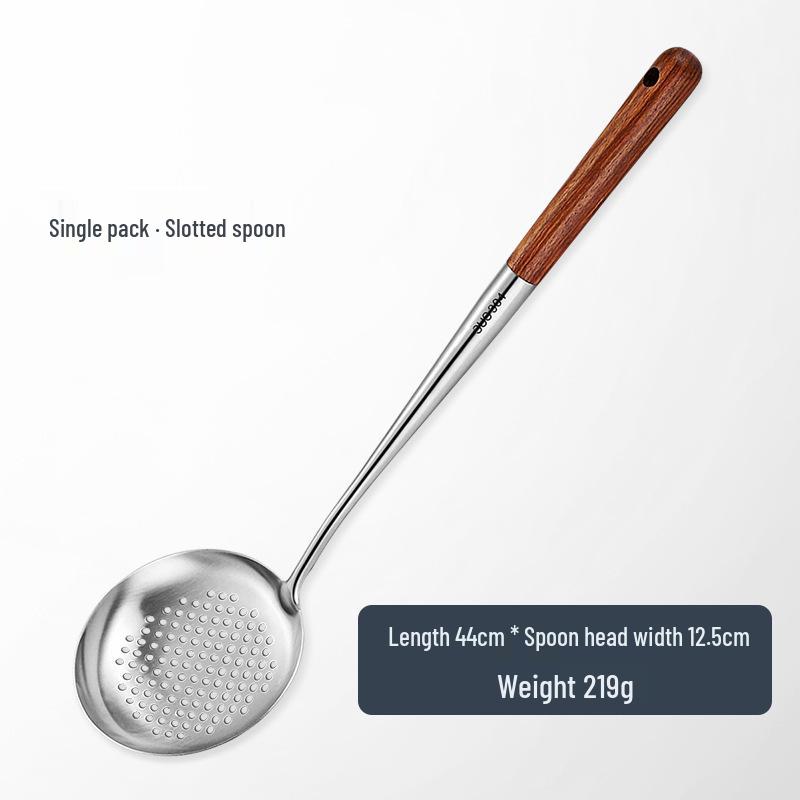 304 Stainless Steel Spatula Set with Long Wooden Handle: Anti-Scald Slotted Spoon for Home Cooking and Stir-Frying.