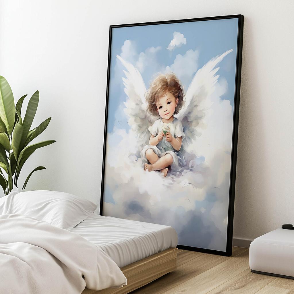 Charming Little Angel On a Cloud Charming Little Angel On a Cloud, 50X70 Cm, Light Oak Wooden Frame, Matte Paper 230 Gsm
