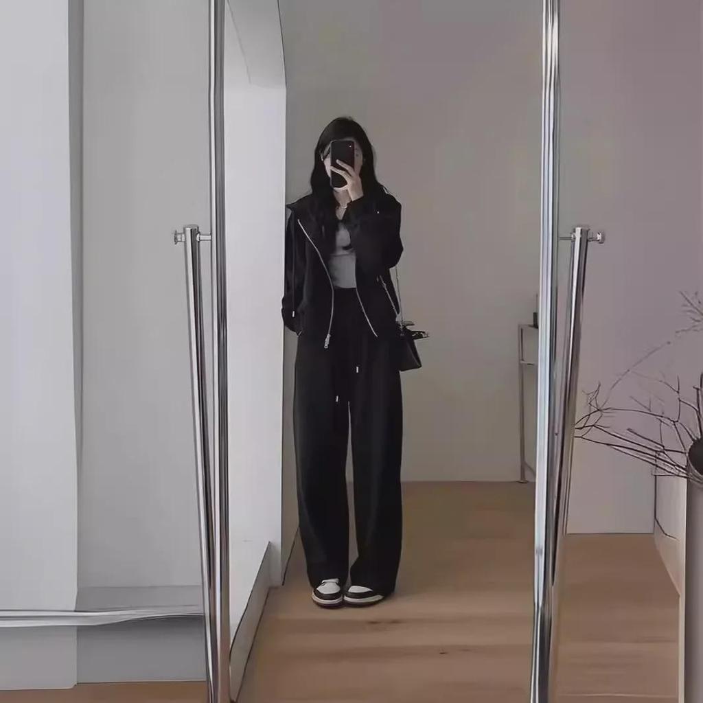 Women's Hong Kong Style Slimming Sweater Sports Suit with Wide-Leg Pants and Hooded Jacket