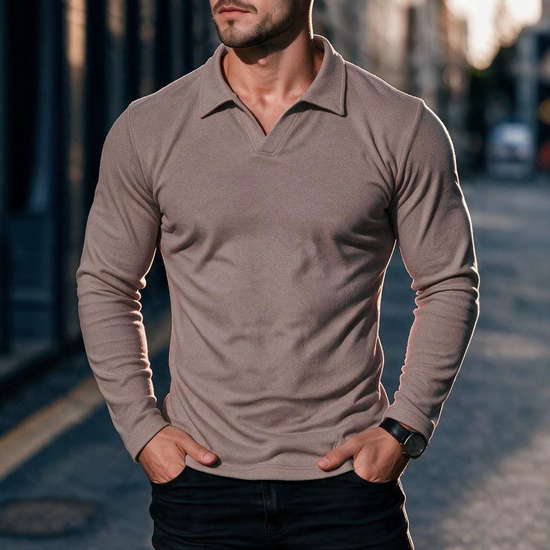 Men's Long Sleeve Polo Sweatshirt, Solid Color Athletic Casual Top, Polyester Spandex Blend