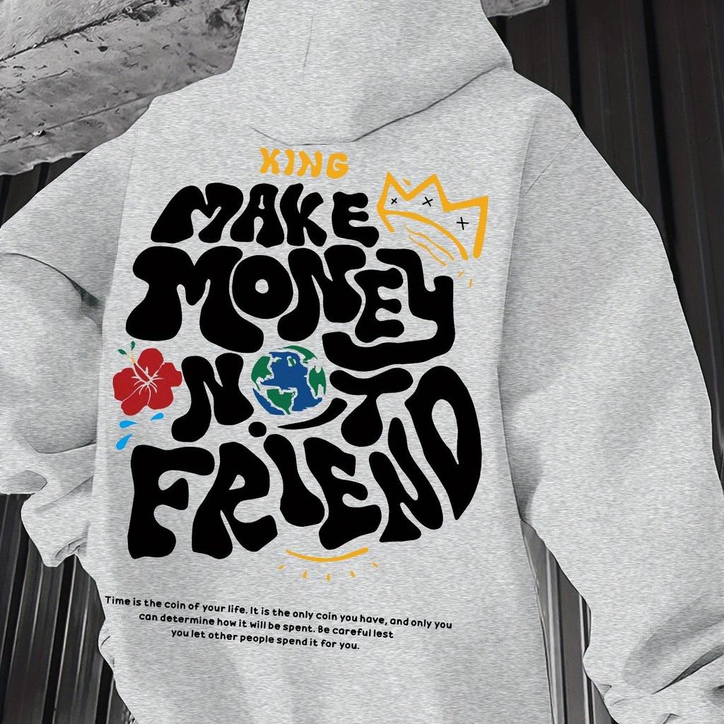 Men's Autumn and Winter Casual Fashion Loose Plus Size Letter Pattern Print Fleece Warm Long Sleeved Hooded Sweatshirt Pullover