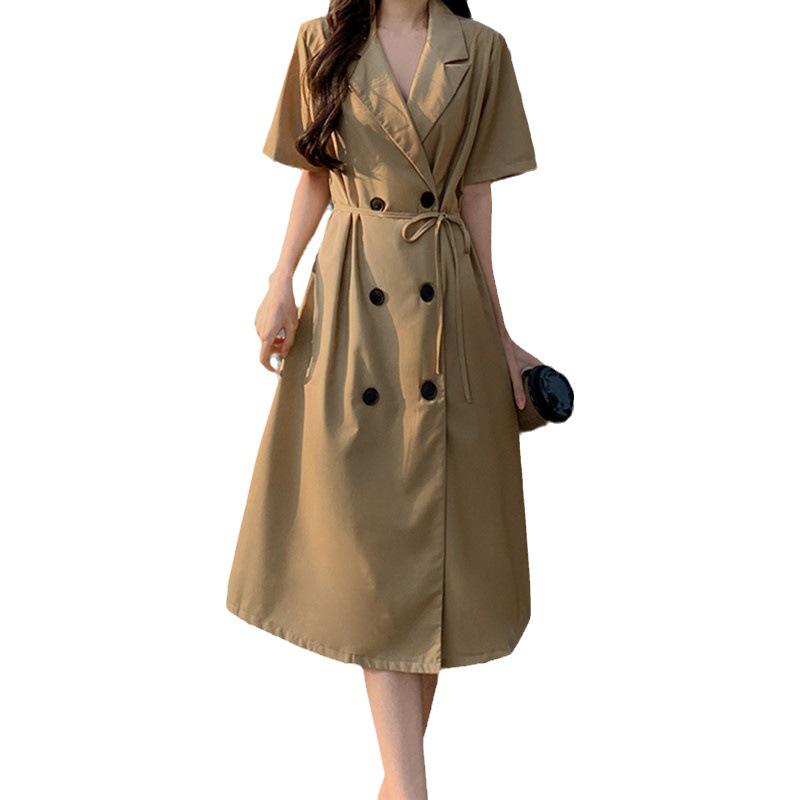 Damen einfarbiges schlankmachendes Sommerkleid mit Anzugkragen: Reifer koreanischer Stil