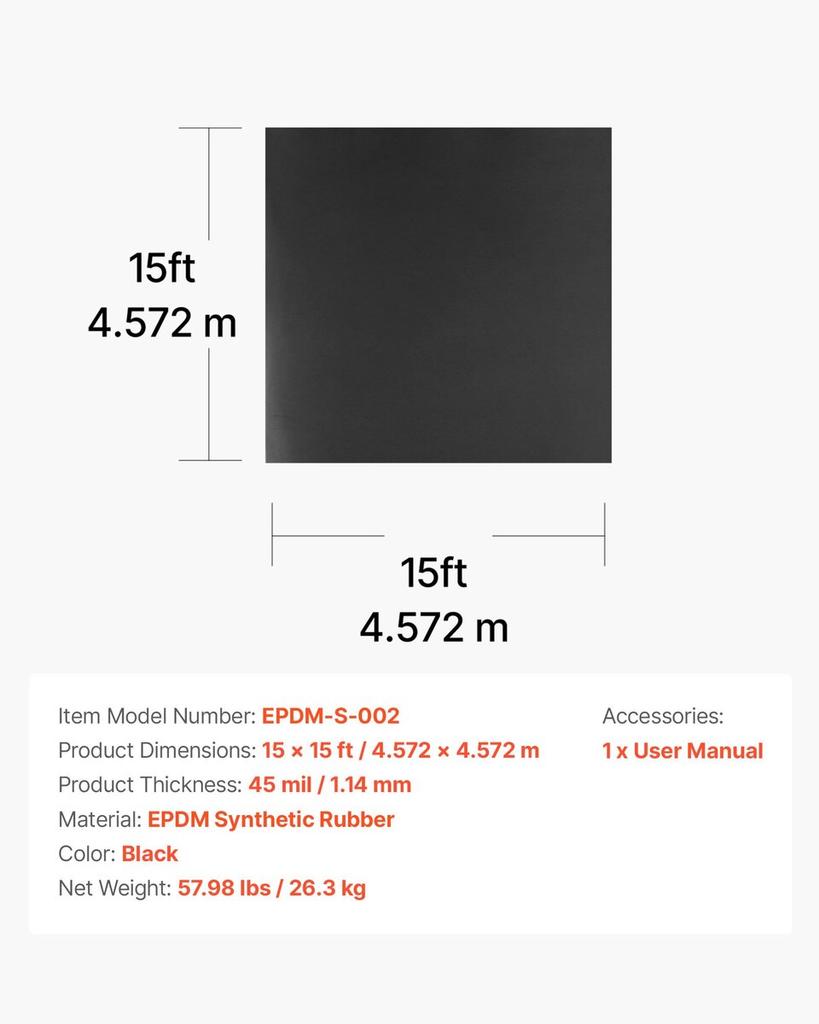 Roll Roofing, 15 X 15 Ft, 45 Mil EPDM Rubber Roofing, Long Lifespan & Weather-resistant, Withstands Harsh Temperatures, Flexible & Easy Installation,