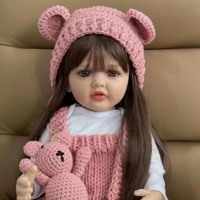 55cm 22inch Long Brown Hair Reborn Doll Realistic Princess Toddler Birthday Gift Lifelike Reborn Baby Girl Doll Soft Silicone