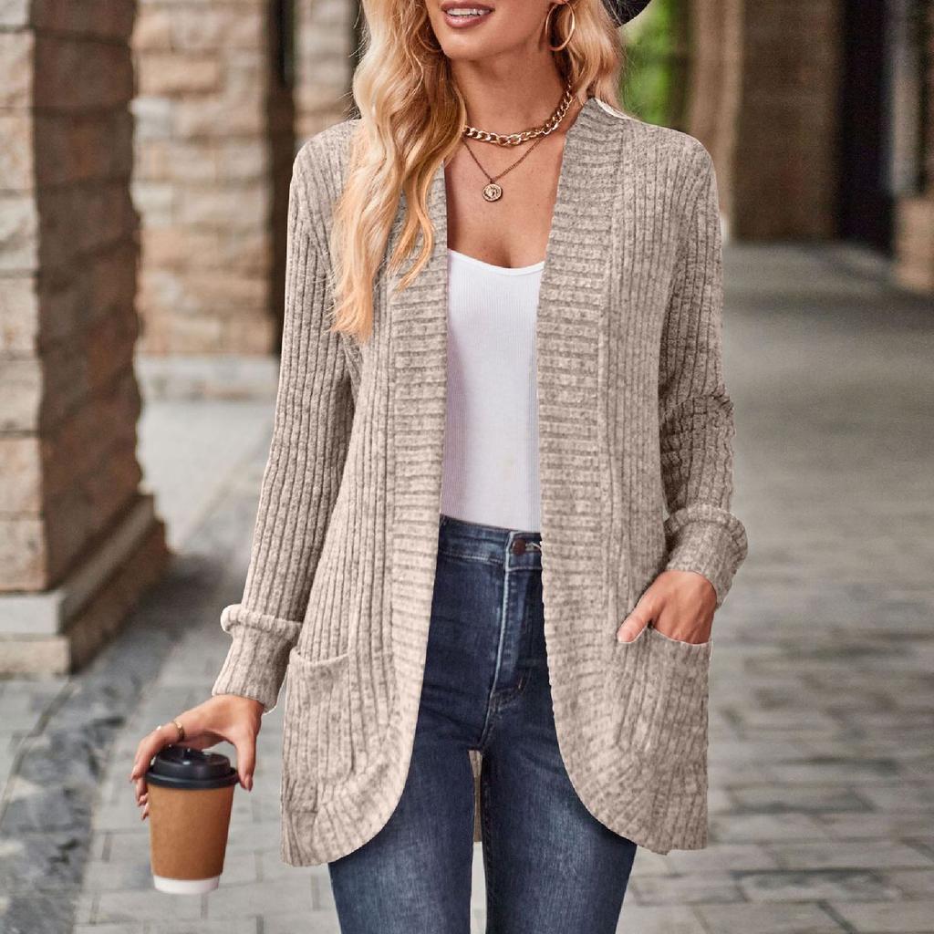 Women Ladies Solid Color Long Sleeve Length Cardigan Sweater Coat Top
