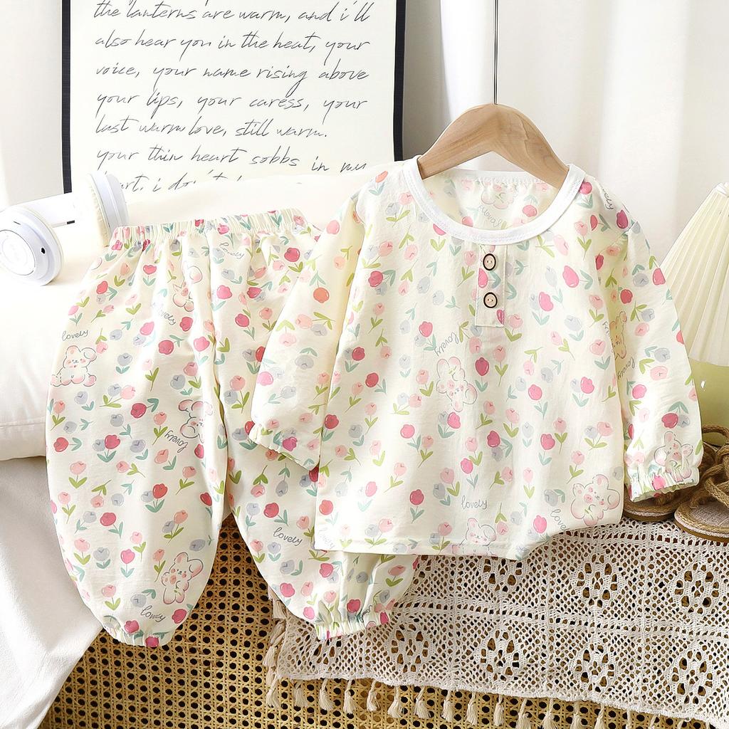 Children's Home Suit Set Cartoon Loose Long Sleeved Air-conditioned Suit for Boys and Girls Two-piece Set