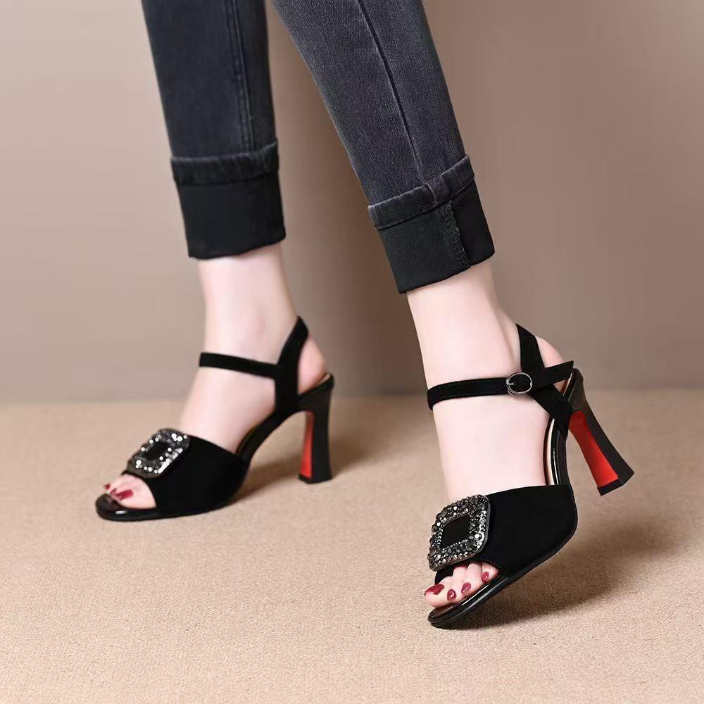 Open-toed sandals fish mouth low-top fashion sandals Roman shoes summer thick heel fashion versatile one-word strap stilettos