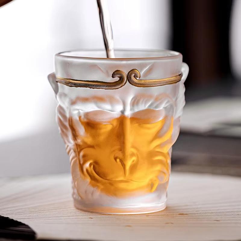 Sun Wukong Shaped Lead-Free Crystal Glass Whiskey Cup Chinese Style Transparent Frosted Drinkware Glass Mug Teacup Gift