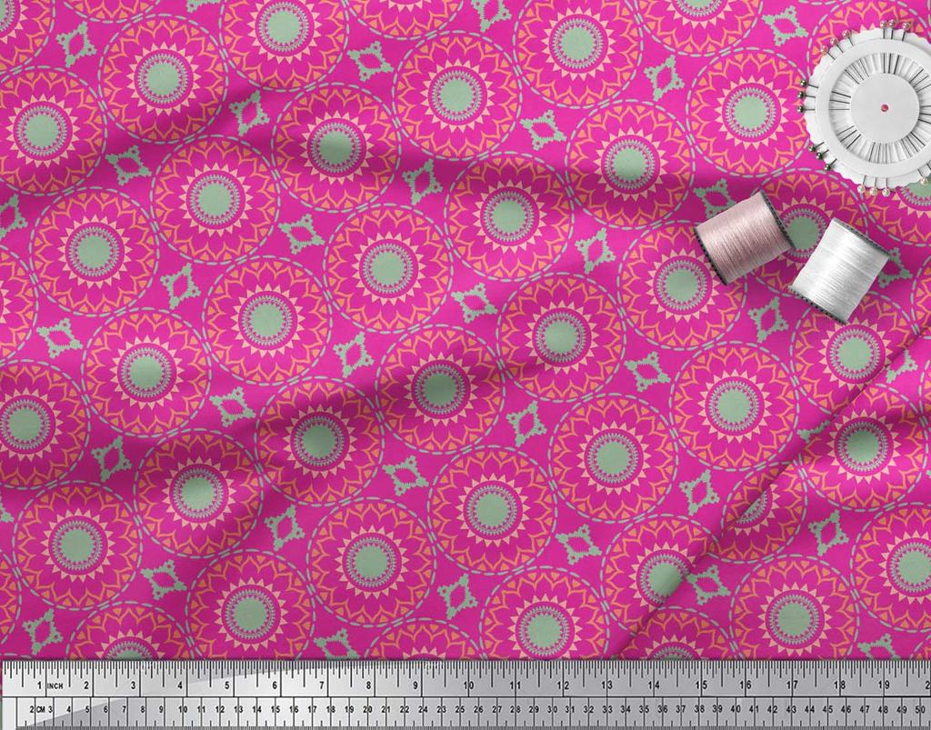 Soimoi Red Japan Crepe Satin Fabric Mandala Geometric Print Fabric by the Metre 42 Inch