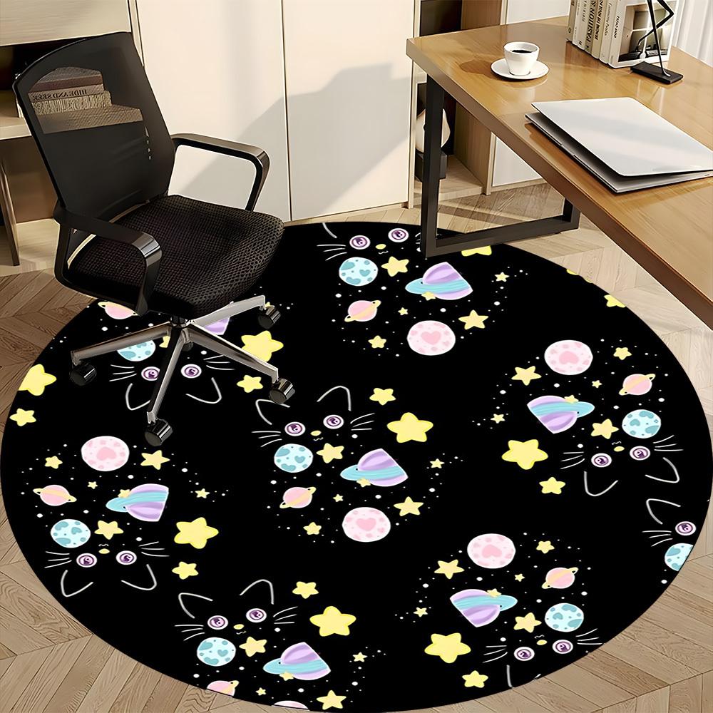 1pc Space Black Cats Office Round Area Rug, Indoor Mat Suitable For Office, Under Office Chairs Bedroom Living Room Home Decor, Room Deco