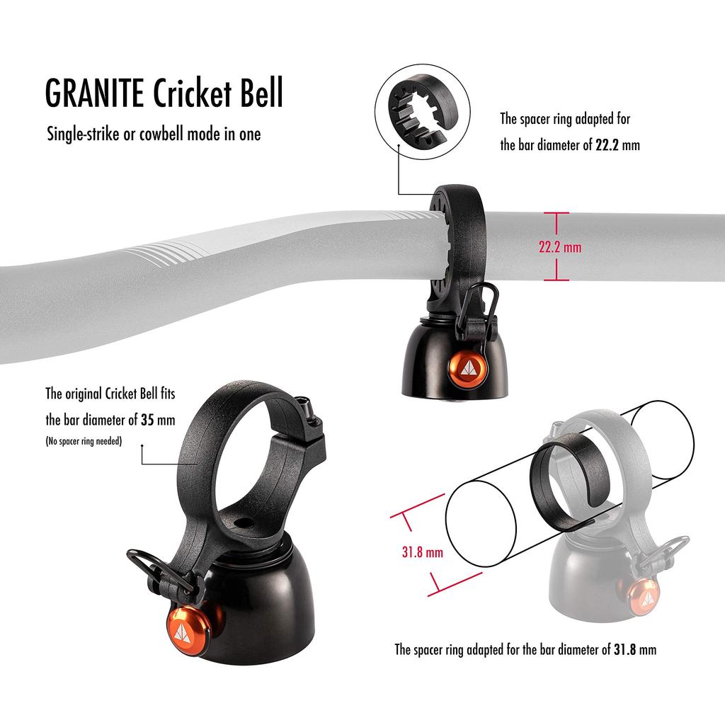 Granite Cricket Mountain Bicycle Bell Bike Bell with Single Strike and Continuous Cowbell Modes for to 35mm Handlebars - 22.2mm