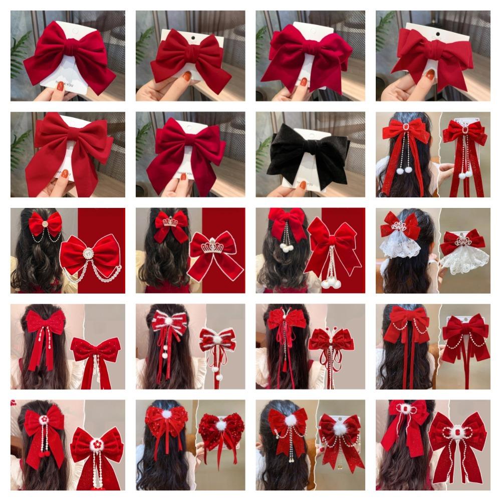 Headwear Red Bow Hair Clips Jewelry Tassels Pearl Barrettes Ribbon Hairpin  Hair Styling Accessory