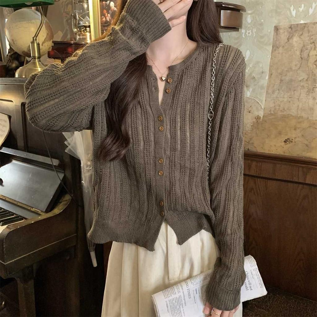 Hollowed-out Knitted Sweater for Women Long-sleeved Korean-style Knitted Cardigan Loose Knitted Sweater Top Sweater