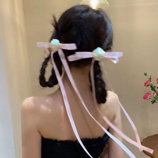 2Pcs Hairpin Satin Ribbon Bowknot Rose Flower Decor Hair Clip Firm Grip Low Ponytail Hairpin Daily Commuting Hair Accessory