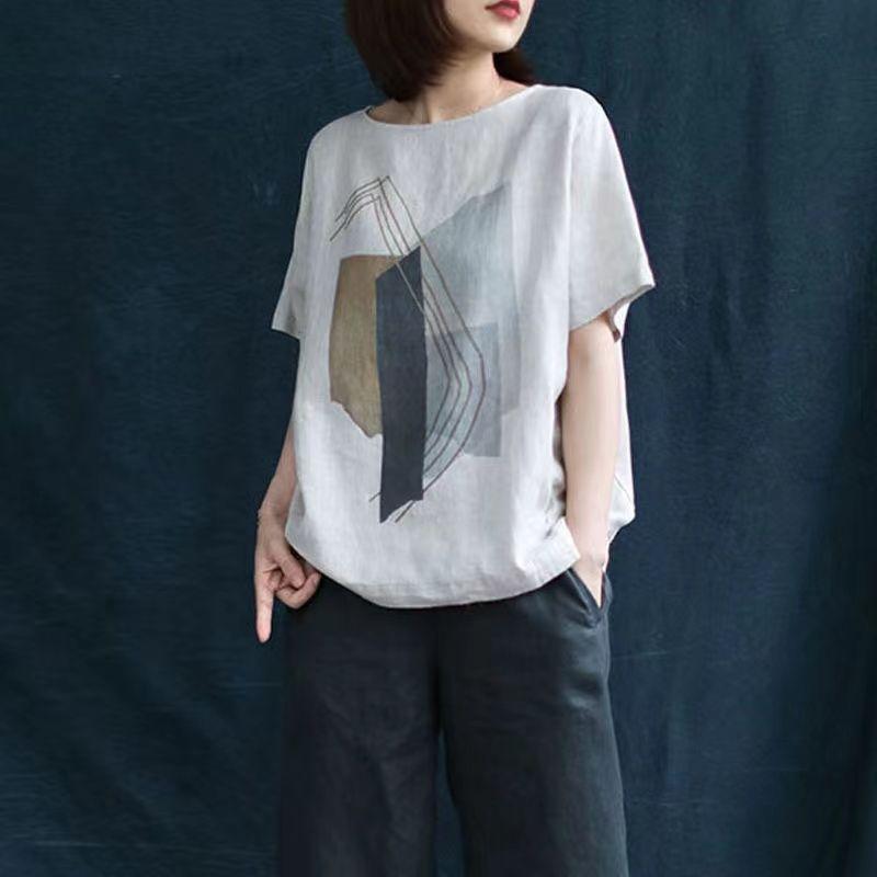 Dames Retro Casual Løse Bomull Lin T-skjorter Stor Størrelse Trykte Topper Sommer Rund Hals Korte Ermer T-skjorte