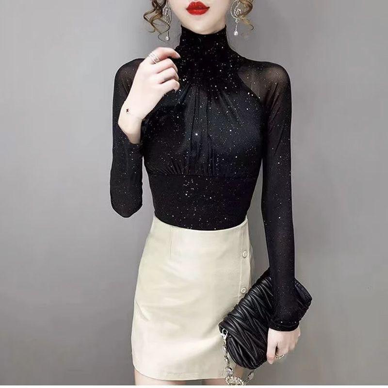 Women's Slim Fit Semi-High Neck Mesh Sequin Top - Long Sleeve, Autumn/Winter 2025