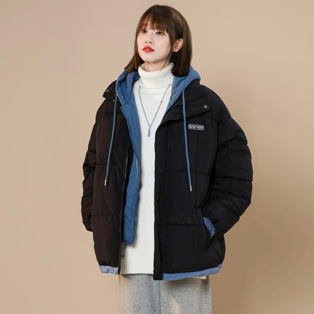 Fake Two-piece Simple Cotton-padded Coat Women's Winter High Street American Retro Hooded Bread Clothes Trendy Couple Cotton Clothes