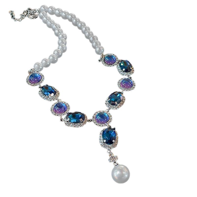 Silver Needle Diamond Oval Pearl Tassel Necklace Earrings Set French Retro Light Luxury High-end Jewelry Women