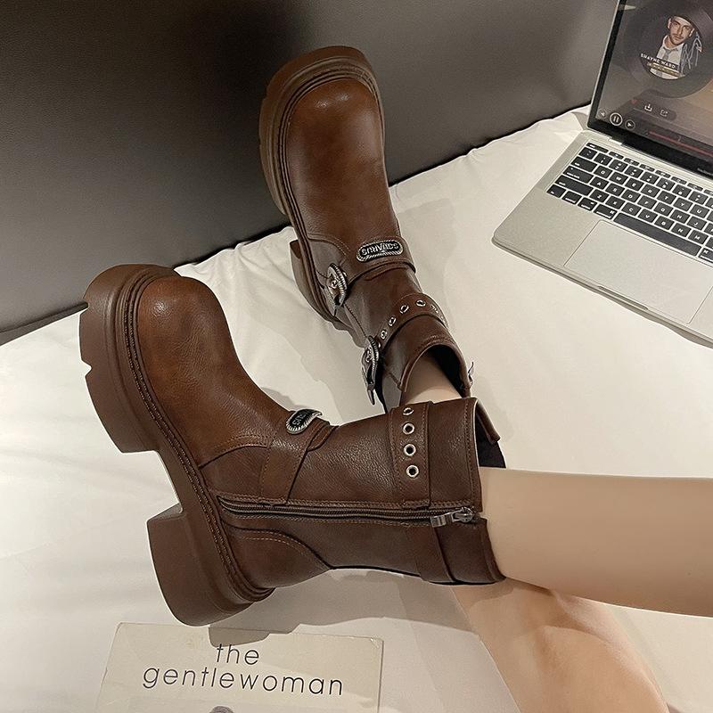 Belt buckle tooling boots Western cowboy boots Coarse heel short boots Women's 2025 new autumn and winter thin boots Medium boots