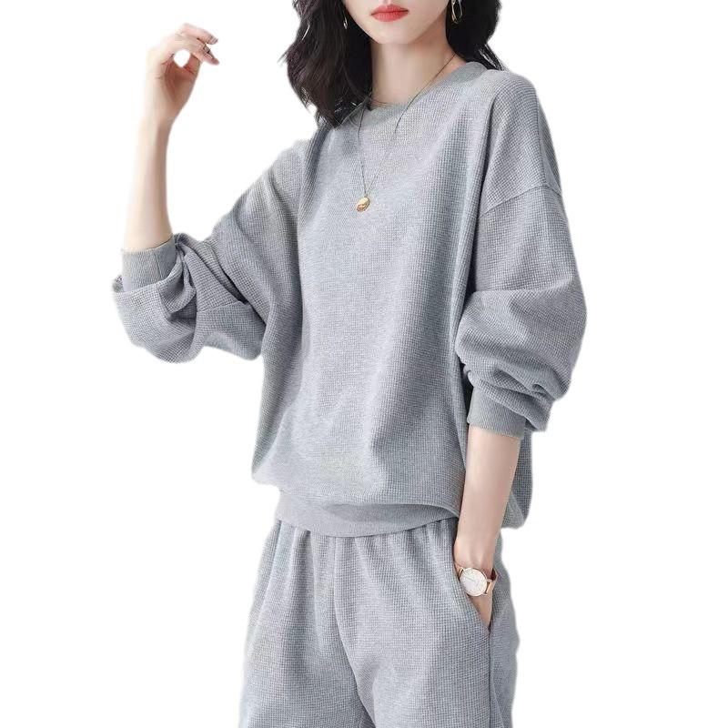 2025 Spring-Autumn Women's Casual Two-Piece Set: Round Neck Long Sleeve Top & Loose Pants, Plus Size