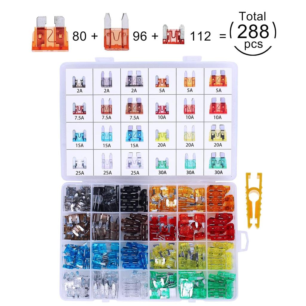 288 Pieces Car Fuses Assortment Kit - Blade Fuses Automotive - Standard & Mini & Low Profile Mini Size (2A/5A/7.5A/10A/15A/ 20A/25A/30AMP/ATC/ATO)