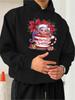 JPH Hooded Sweatshirt Elf In Striped Mug Print Whimsical Cartoon Holiday Kids Decor Poinsettia Design Loose Fit Long Sleeve Casual